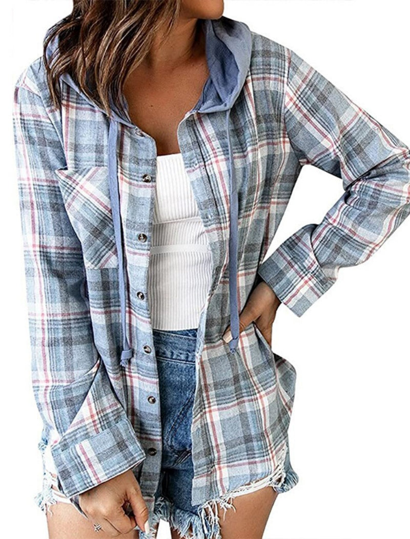 Plaid Button-Up Shirt with Drawstring Hood