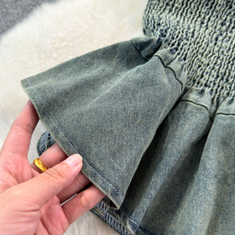 Smocked Denim Tube Top with Peplum Hem