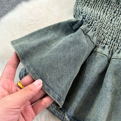 Smocked Denim Tube Top with Peplum Hem