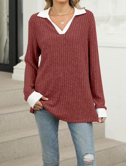 Colorblock Collared Long Sleeve Loose Tee