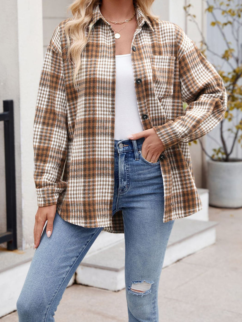 Plaid Curved-Hem Button-Up Shirt