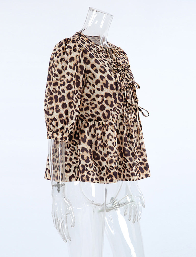 Leopard Print Tie-Front Puff Sleeve Shirt