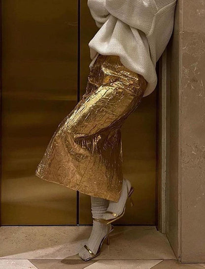 High-Rise Metallic Midi Skirt