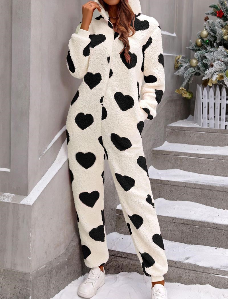 Fuzzy Heart Print Hooded Onesie