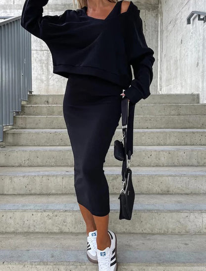 Hooded V-Neck Top and Sleeveless Midi Dress Set