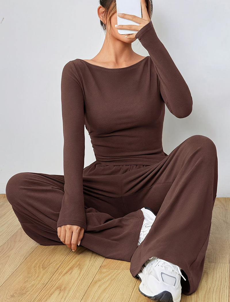 Fitted Long-Sleeve Top and Wide-Leg Pants Set