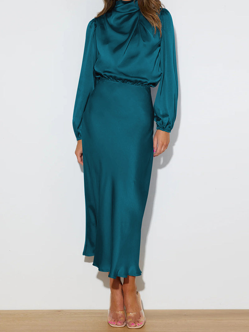 High-Neck Long-Sleeve Midi Dress