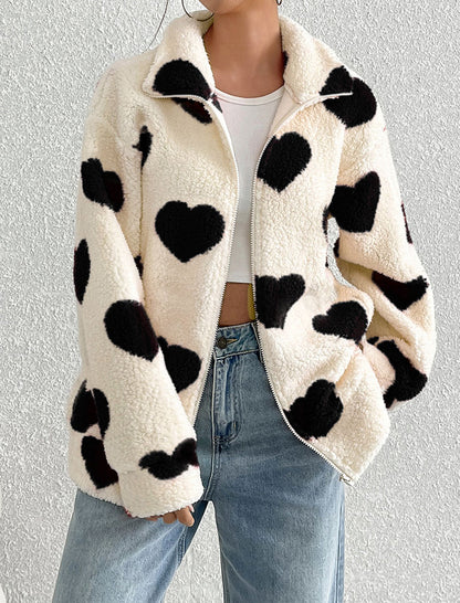 Fleece Heart Print Zip-Up Cardigan