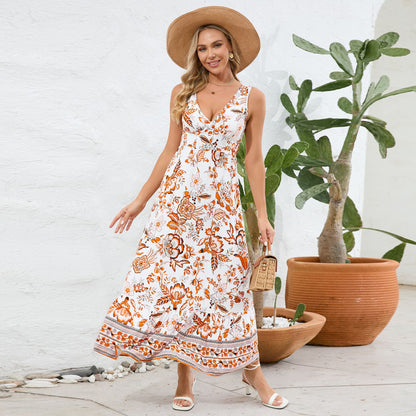 V-Neck Floral Print Maxi Dress