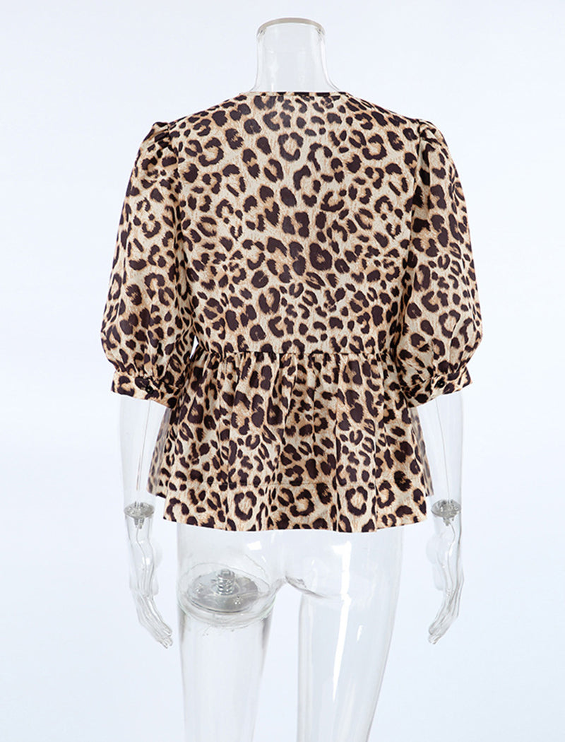 Leopard Print Tie-Front Puff Sleeve Shirt