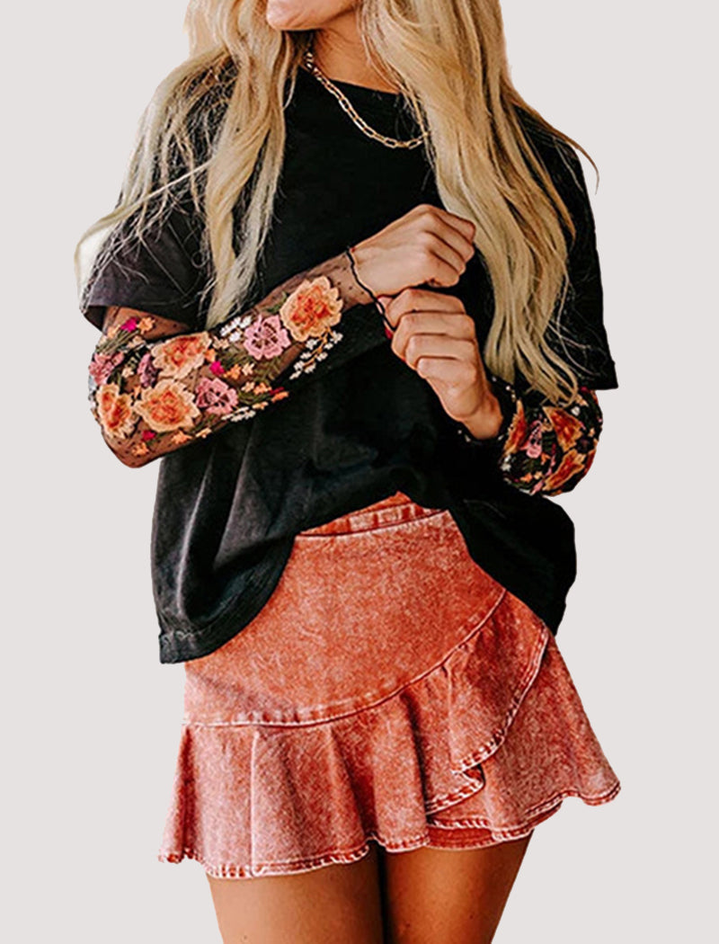 Oversized Tee with Sheer Lace Sleeves
