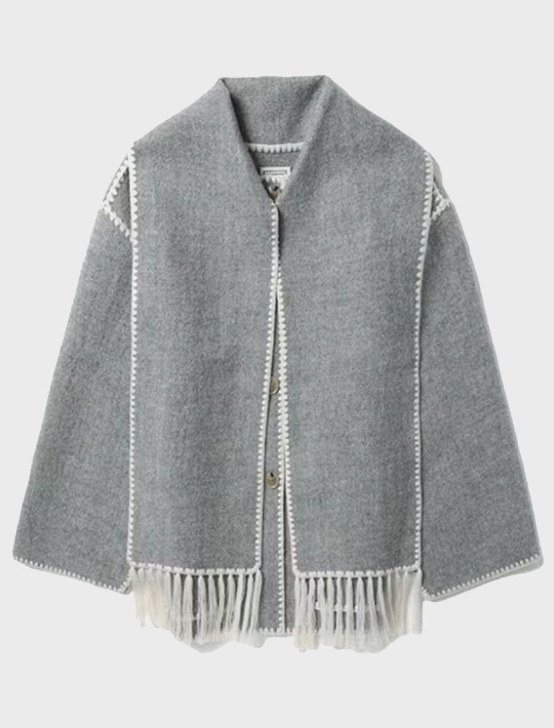 Fringe Trim Oversized Shawl Coat