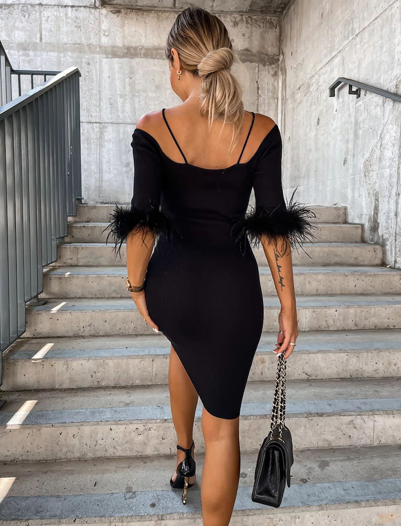 Off-Shoulder Feathered Bodycon Dress