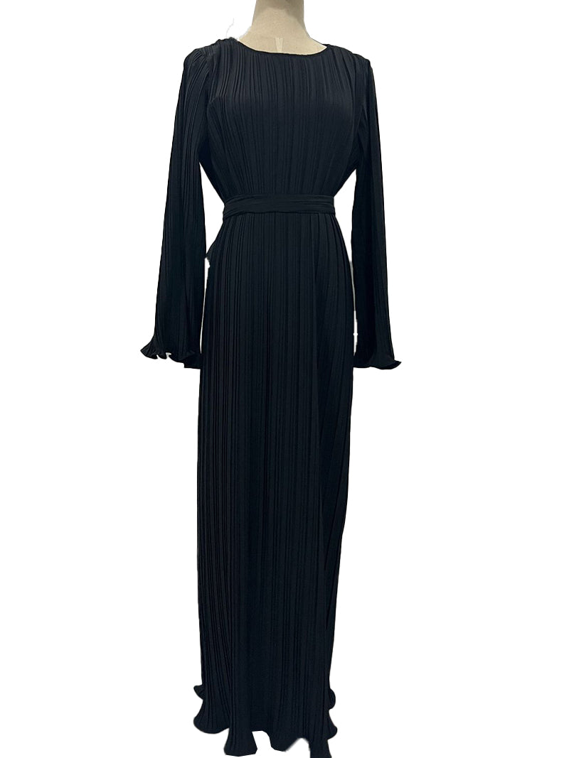 Pleated Long-Sleeve Maxi Dress