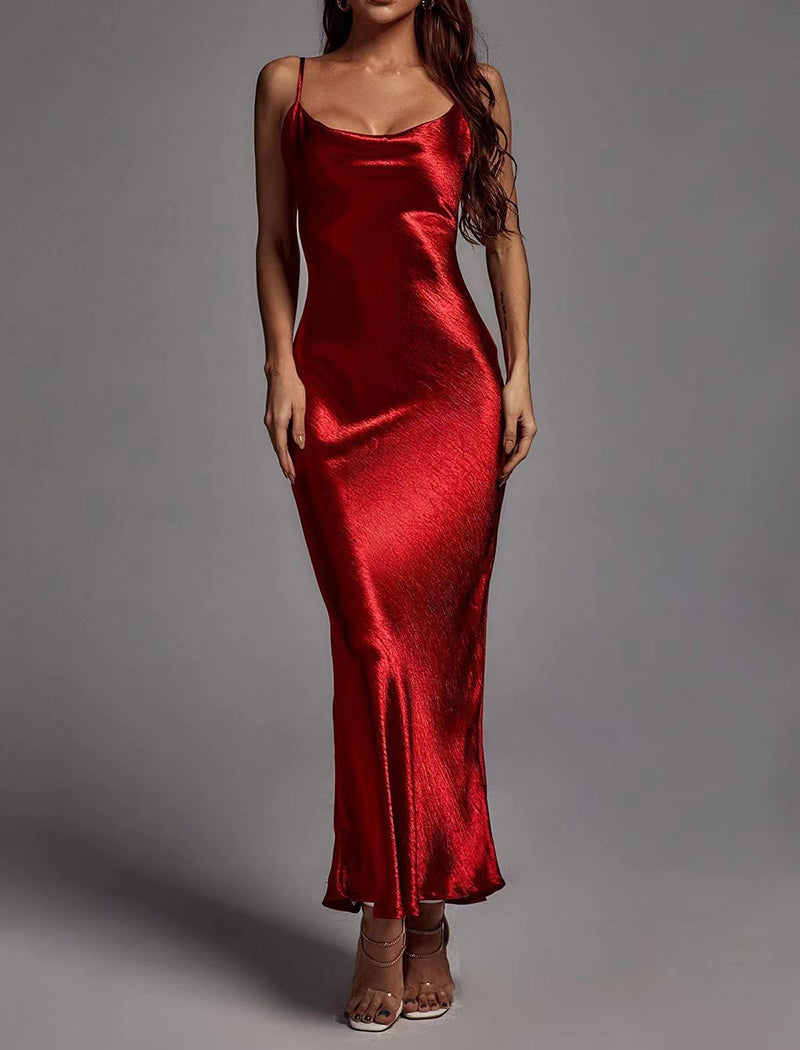 Satin Halter Backless Maxi Dress