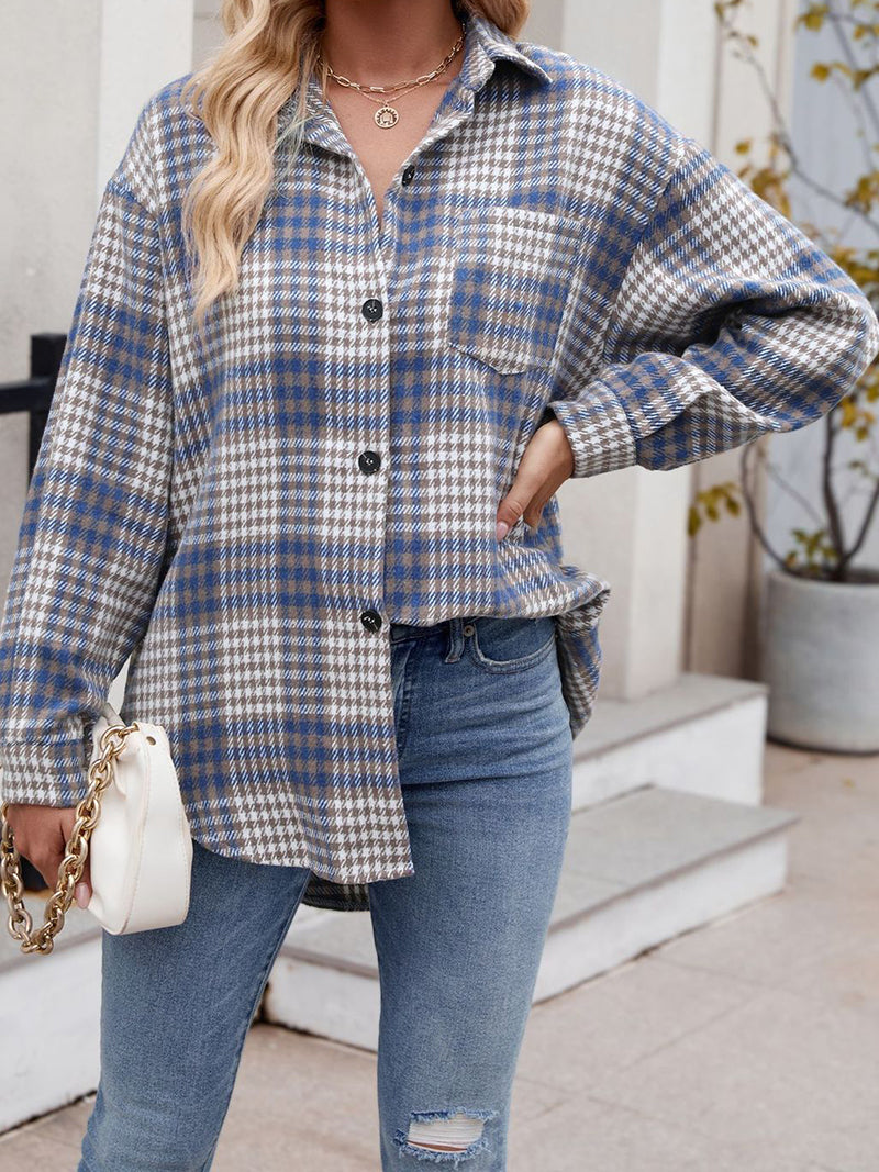 Plaid Curved-Hem Button-Up Shirt