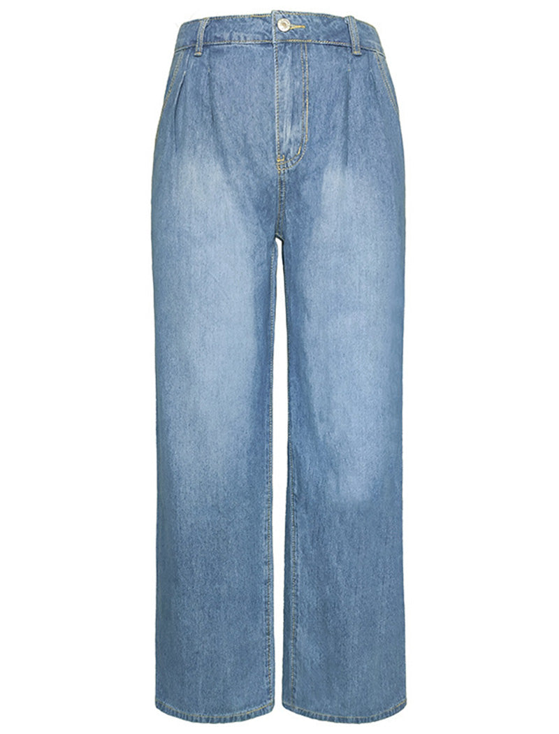Pleated High-Waisted Denim Pants