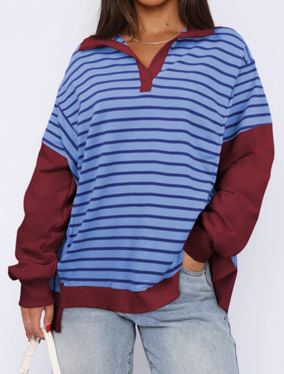 Striped Oversized Pullover with V-Neck