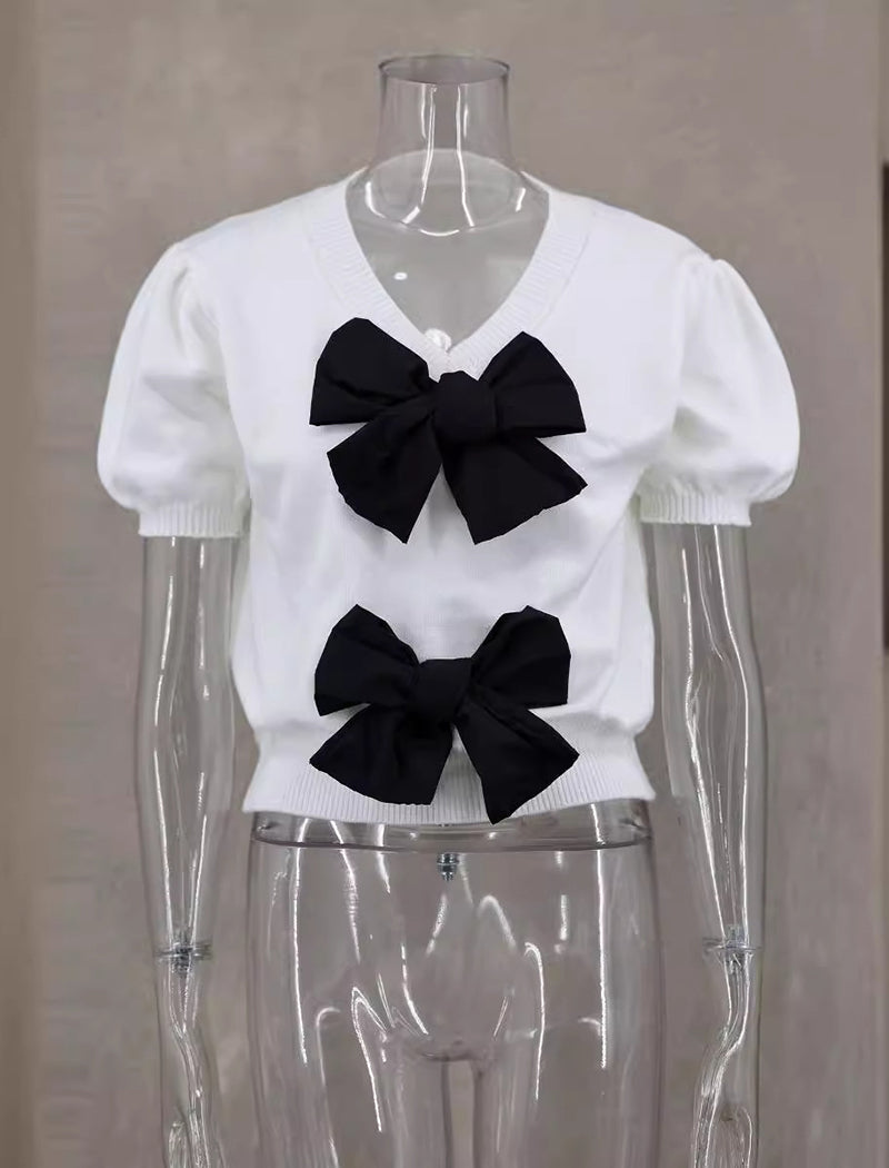 Short Sleeve Bow-Front Knit Top