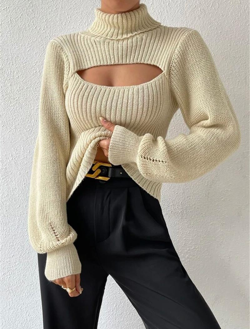 Ribbed Cutout Turtleneck Sweater