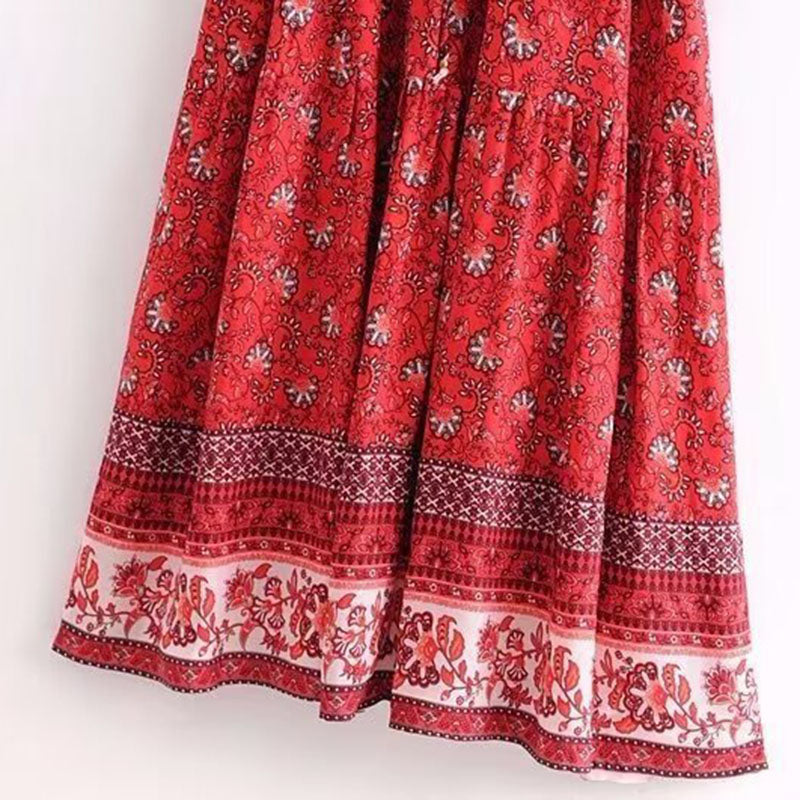 Bohemian Floral Maxi Dress with Drawstring Waist