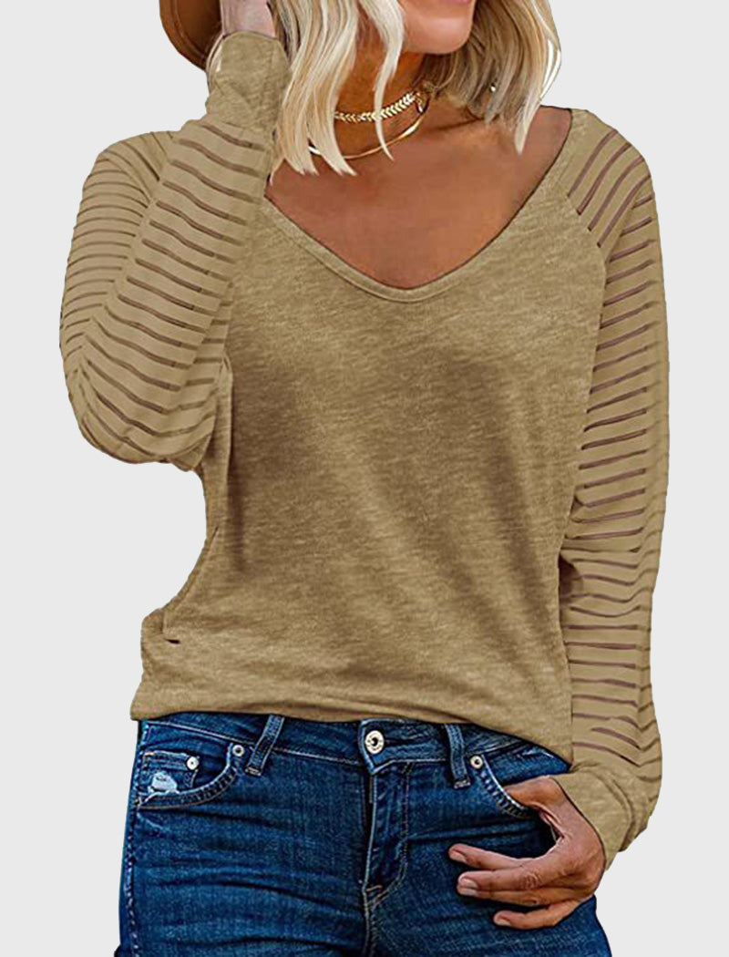 Striped Sleeve V-Neck Long Sleeve Tee