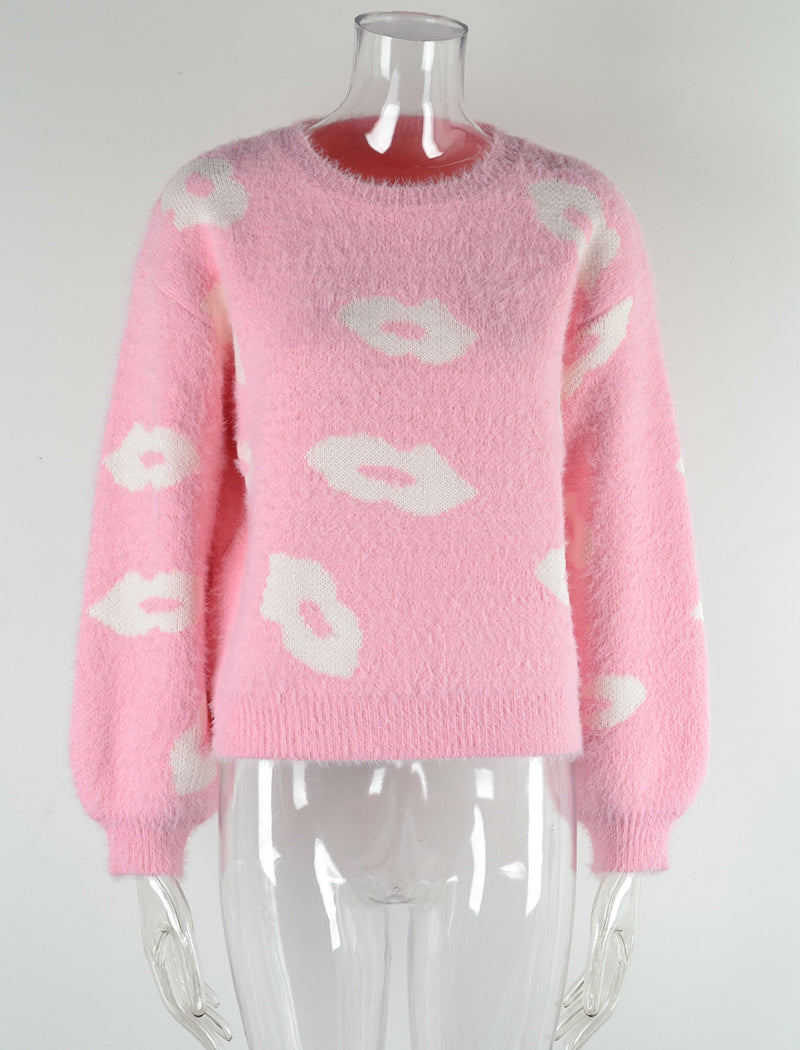 Sweater with Lip Pattern Print