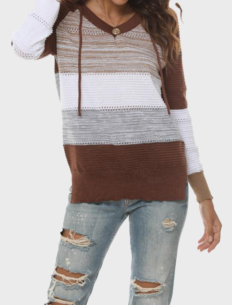 Striped V-Neck Knit Hooded Sweater