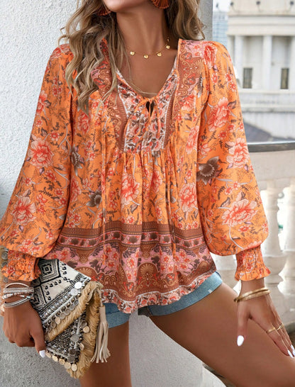 Printed Button-Down V-neck Long Sleeve Top