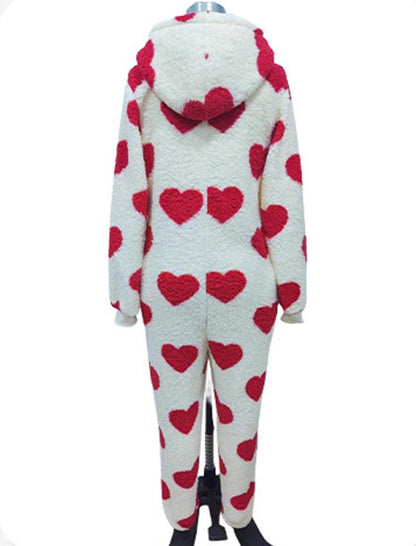 Fuzzy Heart Print Hooded Onesie