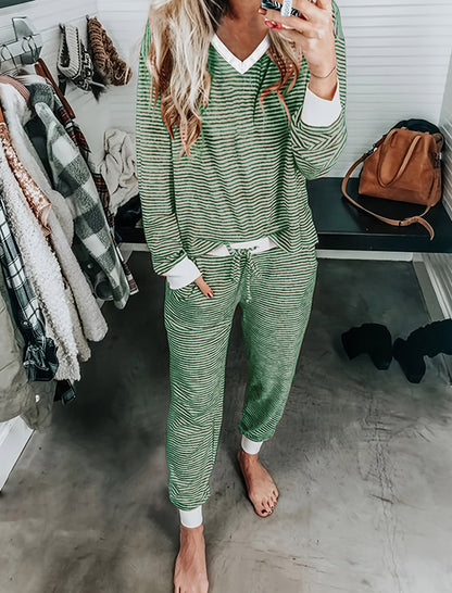 Striped Cozy Lounge Set with V-Neck