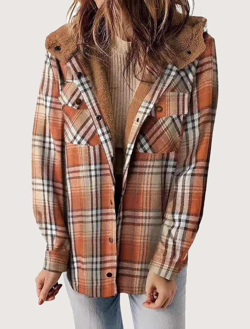 Hooded Plaid Shacket with Pocket Detail