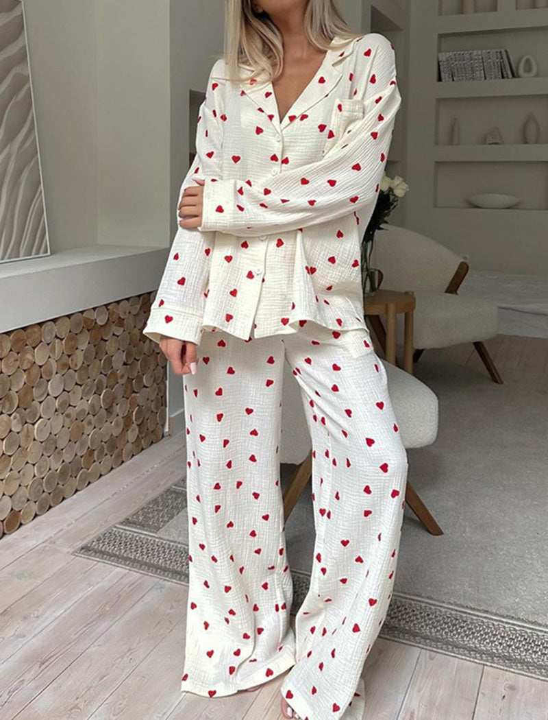 Heart Print Long Sleeve Pajama Set