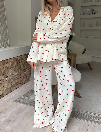 Heart Print Long Sleeve Pajama Set