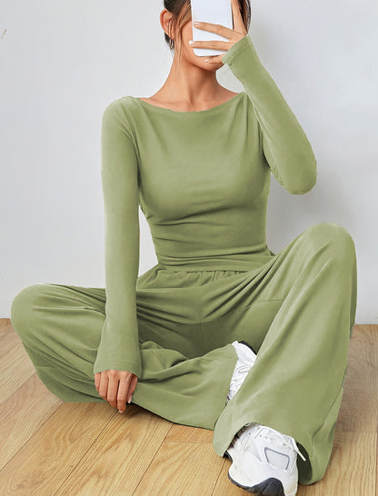 Fitted Long-Sleeve Top and Wide-Leg Pants Set