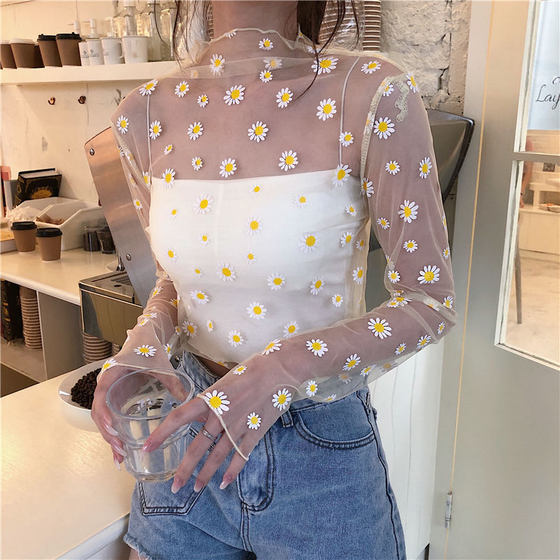 Daisy Print Long Sleeve Mesh Top