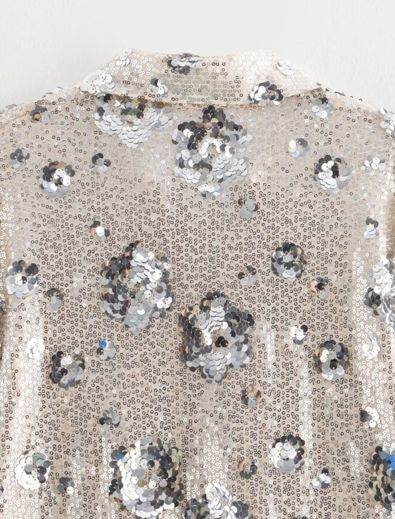 Sequin Loose-Fit Long Sleeve Button-Down Shirt