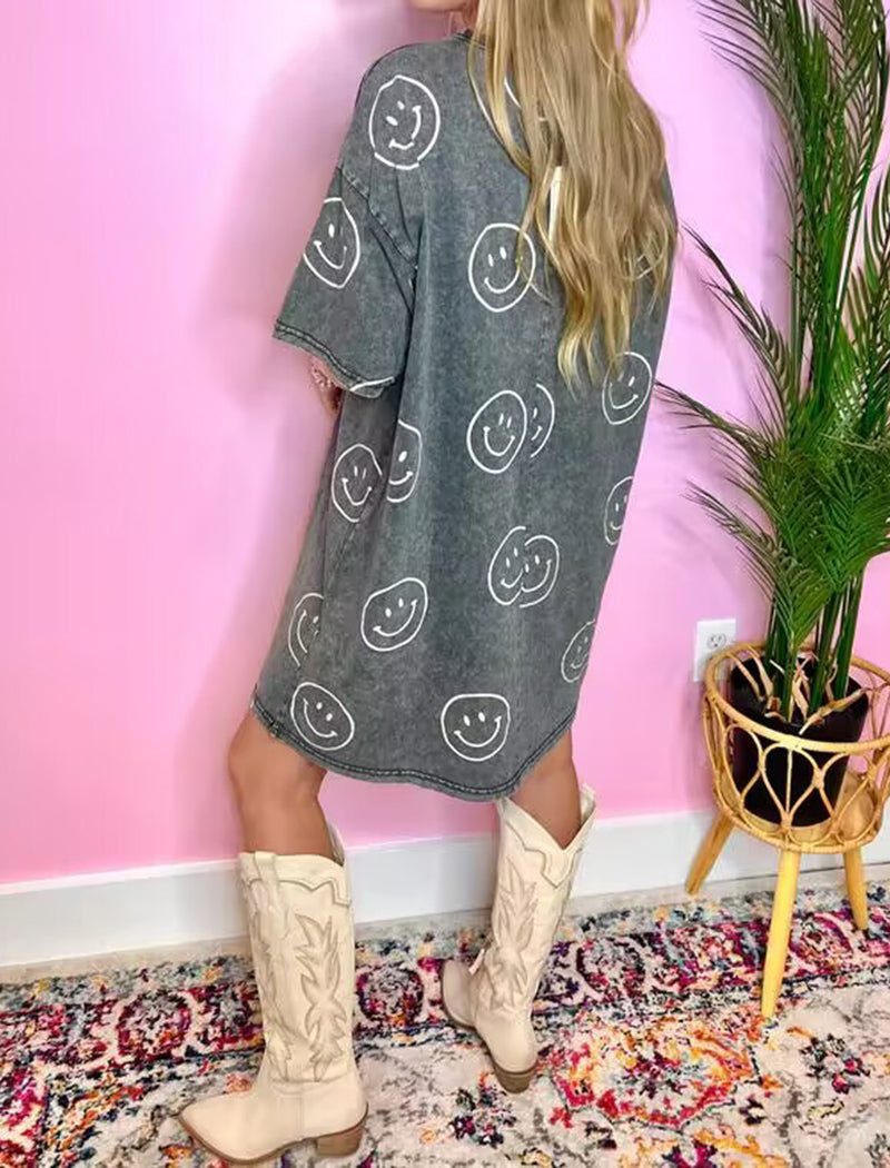 Oversized Graphic Smiley Mini Dress