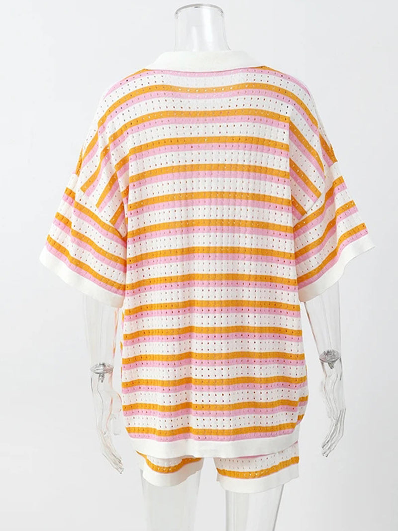 Striped Knit Button-Up Shirt and Shorts Set