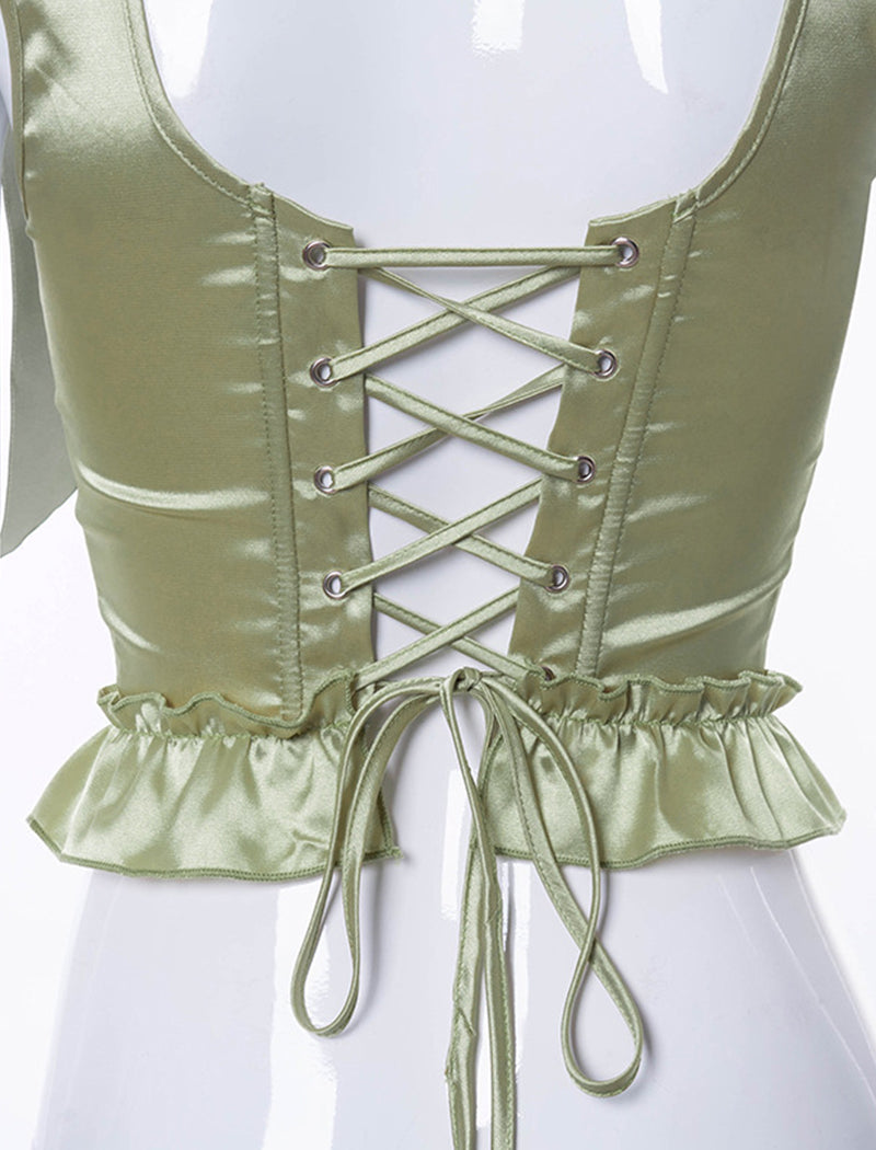 Fishbone Waist-Cinched Bow Shoulder Top with Ruffles