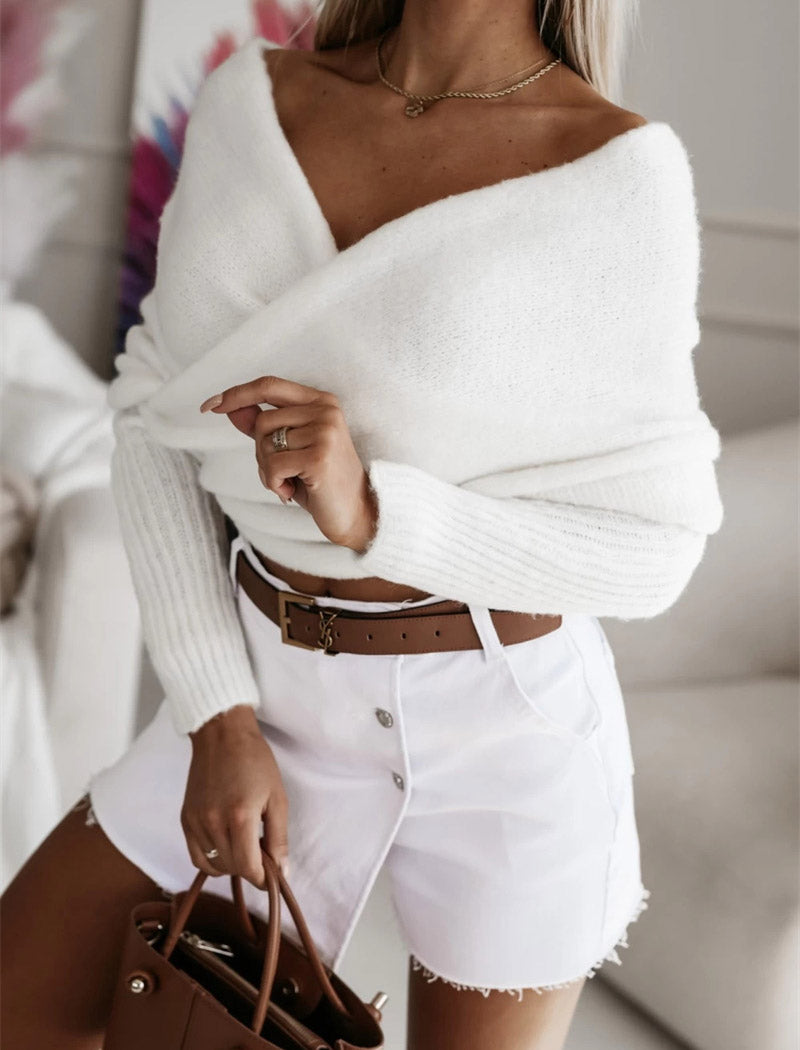 Off-Shoulder Wrap Style Knit Sweater