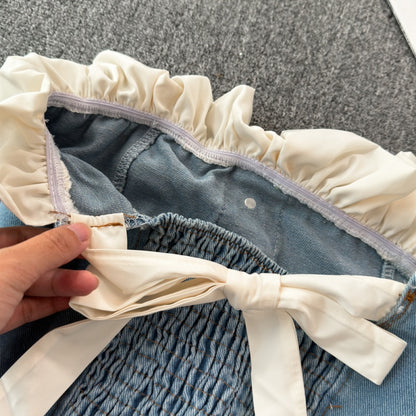 Ruffle Trim Off-Shoulder Denim Bustier