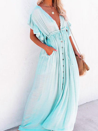 Button Front Drawstring Maxi Dress