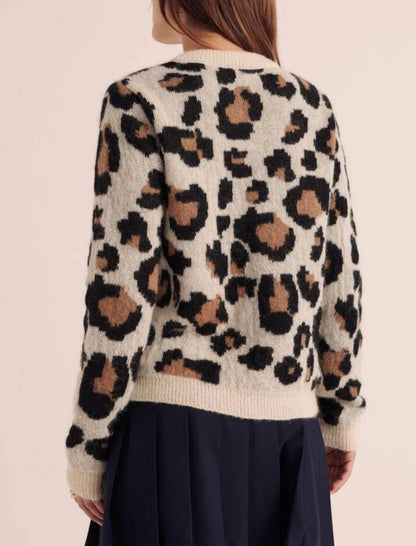 Leopard Print Knit Cardigan with Striped Sleeves