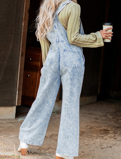 Wash Effect Wide-Leg Overalls