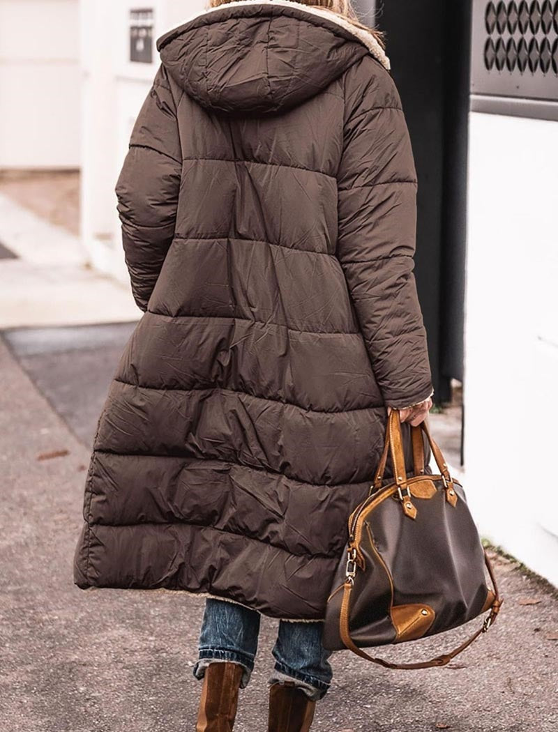 Long Hooded Puffer Coat with Quilted Design