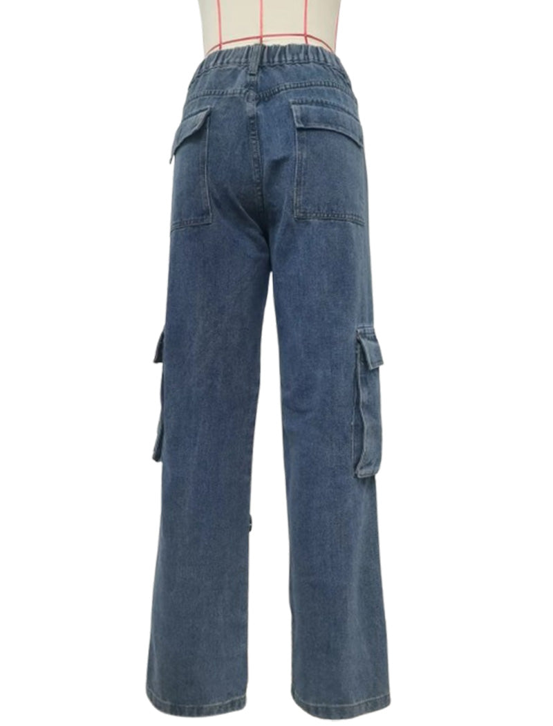 Utility Denim Cargo Pants with Elastic Waist