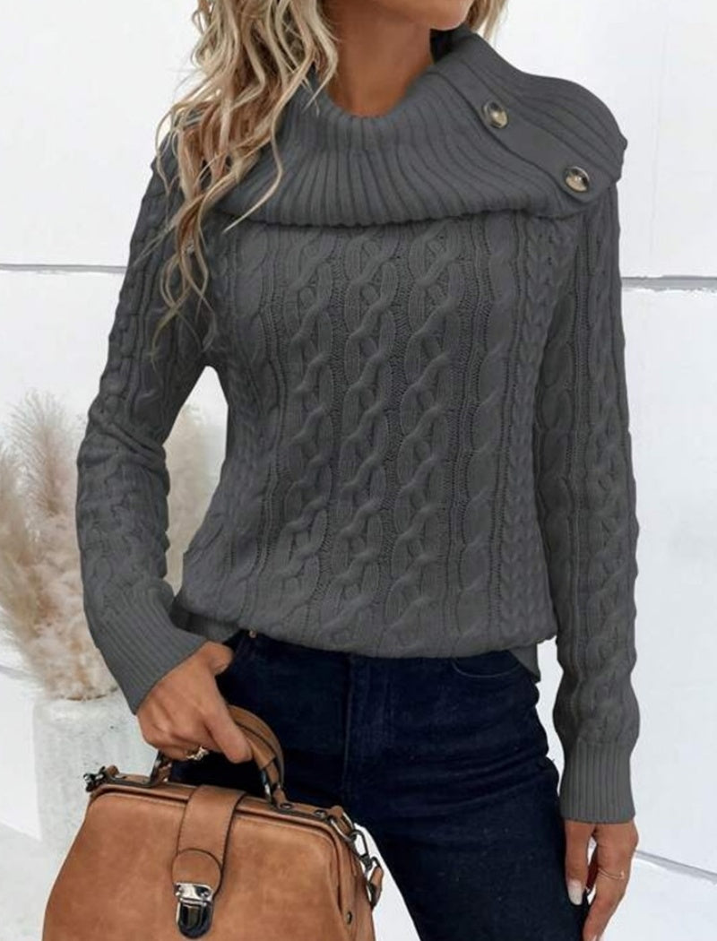 Buttoned Cable Knit Turtleneck Sweater