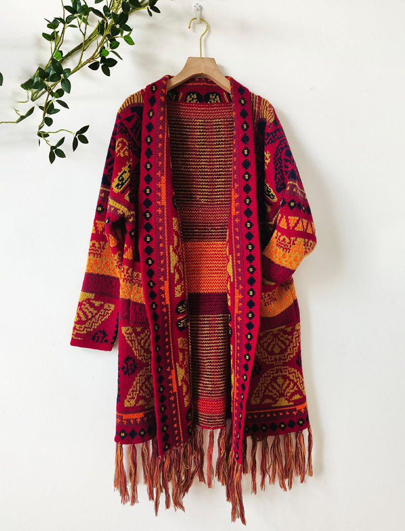 Long Knit Cardigan with Fringe Details