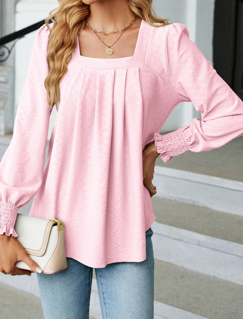 Jacquard Pleated Square Neck Long Sleeve Top